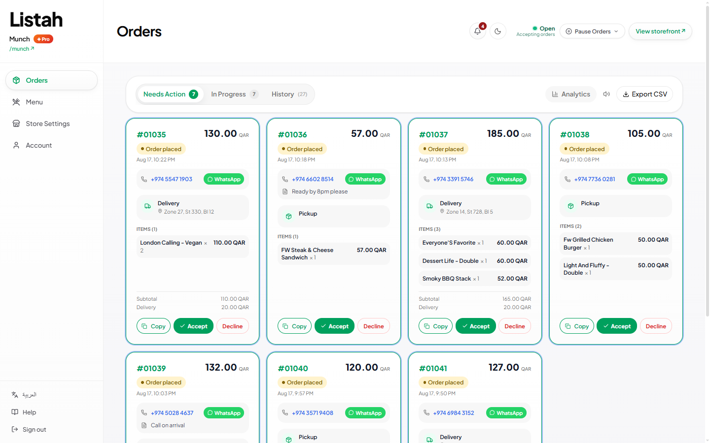 Orders tab with order list and status update controls.