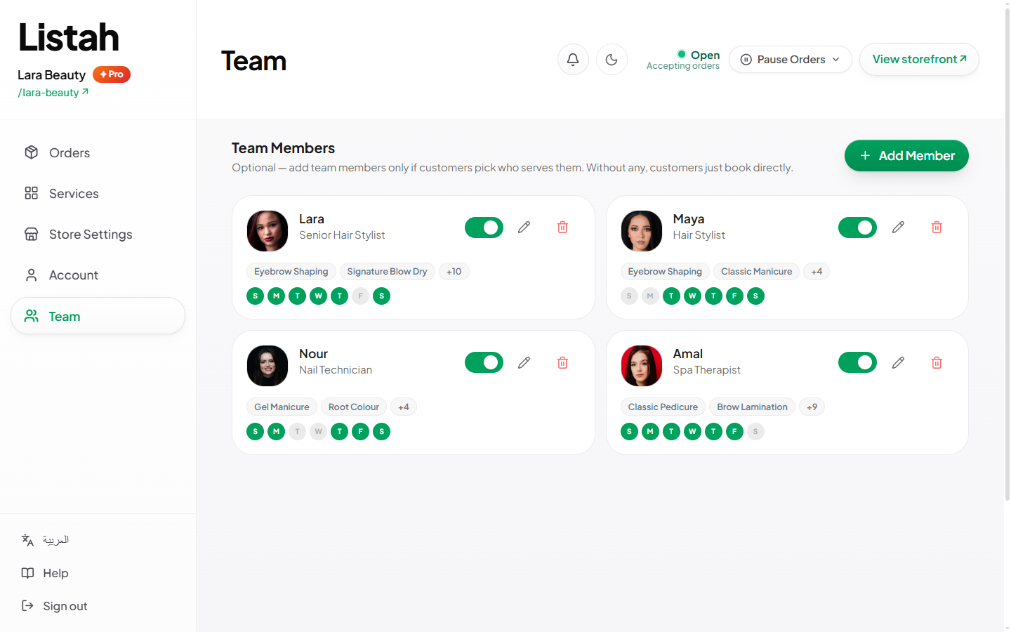 Team page with member cards, service chips, and working days.