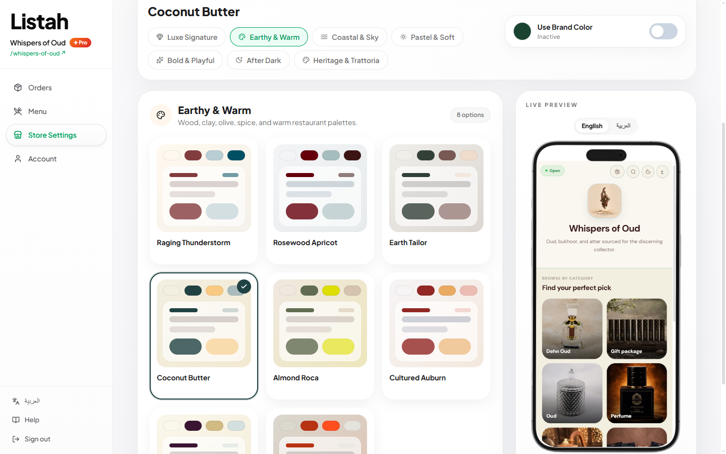 Theme picker with preview tiles of the same storefront.